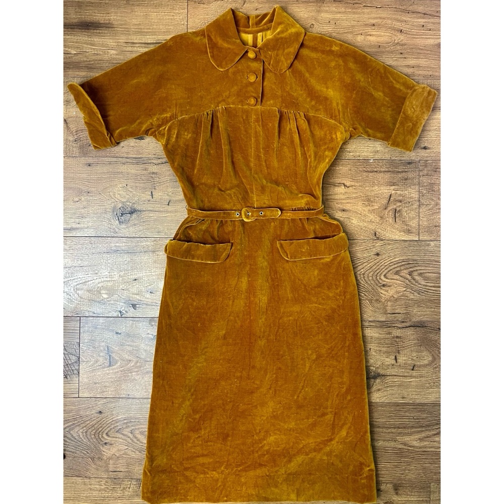 Vintage 1930s 1940s Mustard Velvet Dress Belted Midi Art Deco Era Sz XS